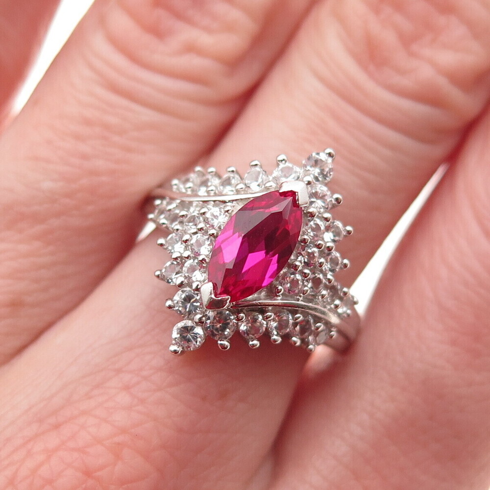JH Young 925 Sterling Silver Lab-Created Ruby Real White Topaz Ring Size 7